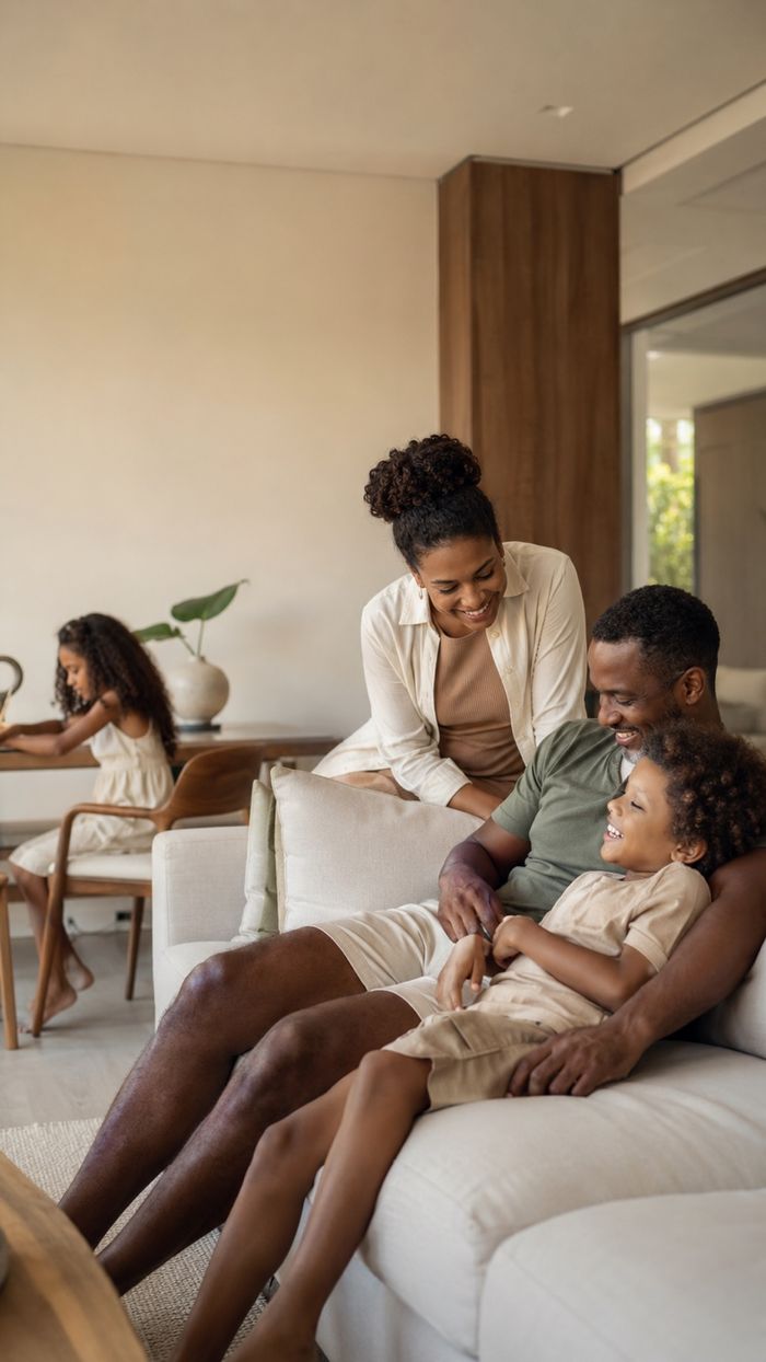 Família sorrindo reunida no sofá da sala