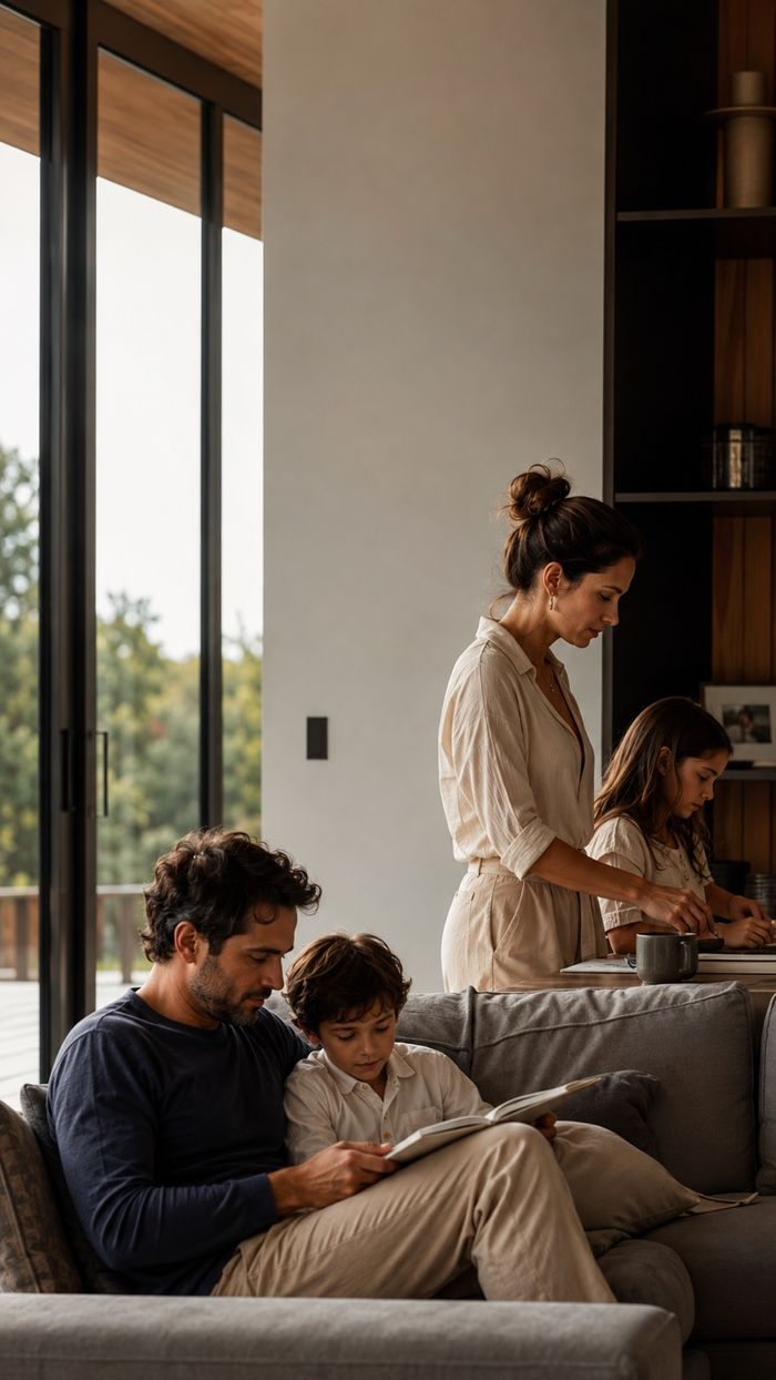 Pai lendo com o filho no colo, no sofá de casa