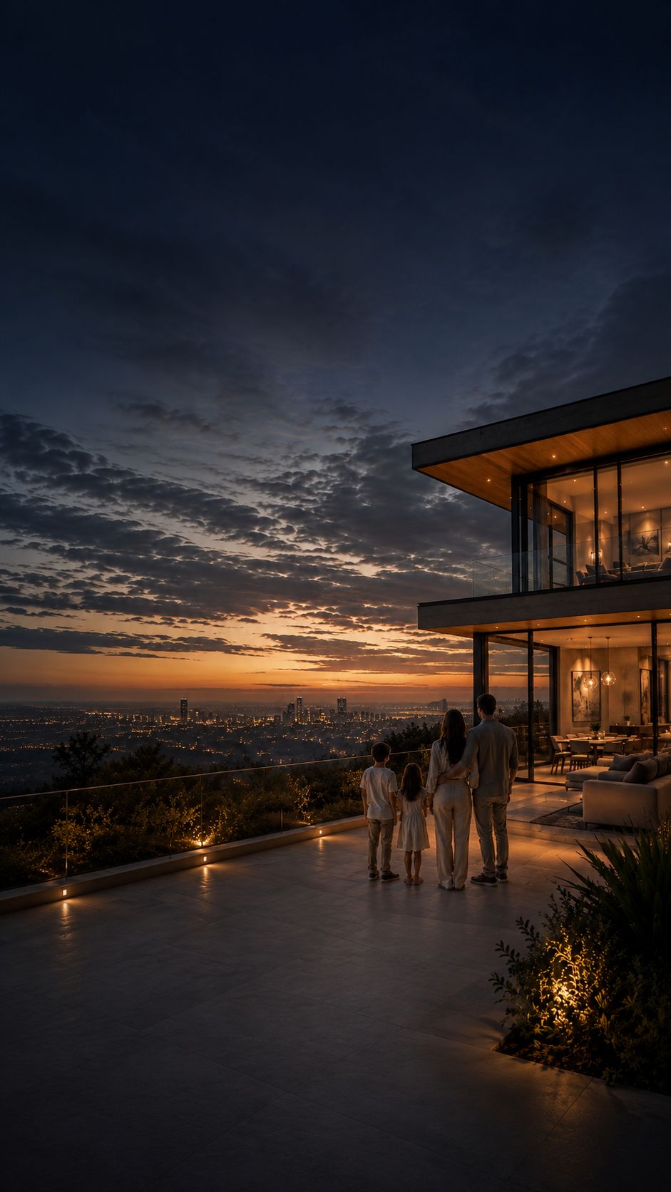 Família observando a cidade ao entardecer, na varanda de casa