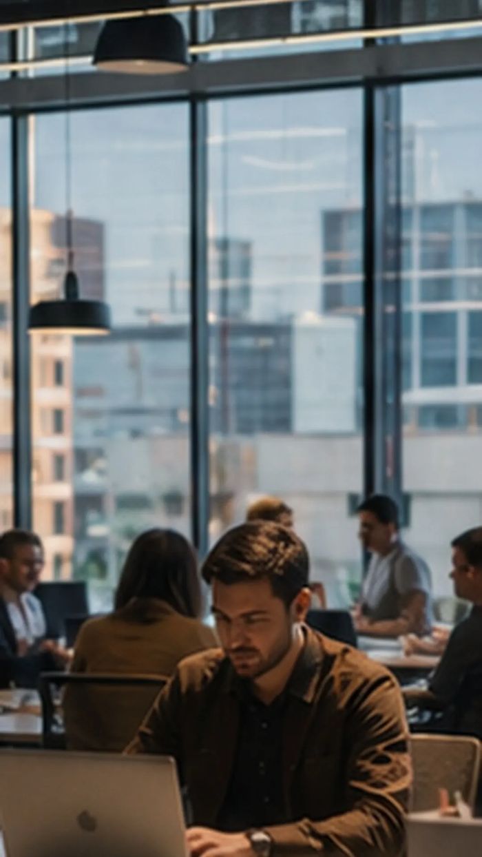 Profissional trabalhando no notebook em escritório com vista da cidade