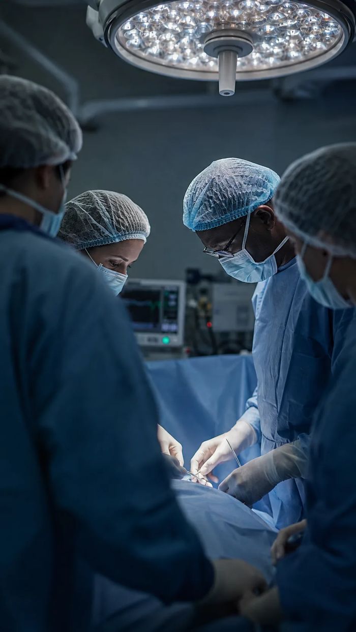 Equipe médica durante um procedimento em centro cirúrgico