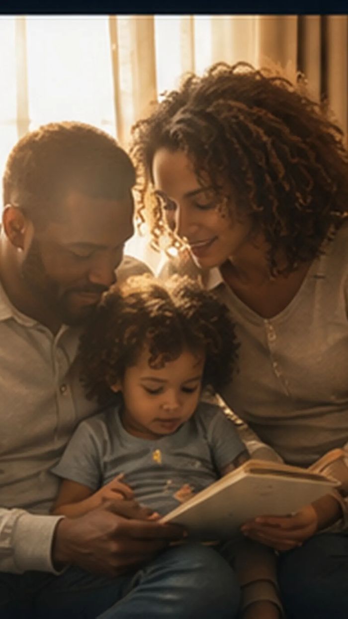 Pai, mãe e filho pequeno lendo juntos em casa